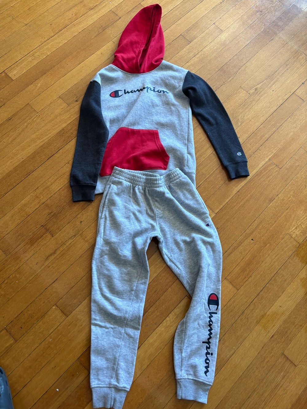 Champion Kids Gray Sweatpants with Red & Black Logo Accents